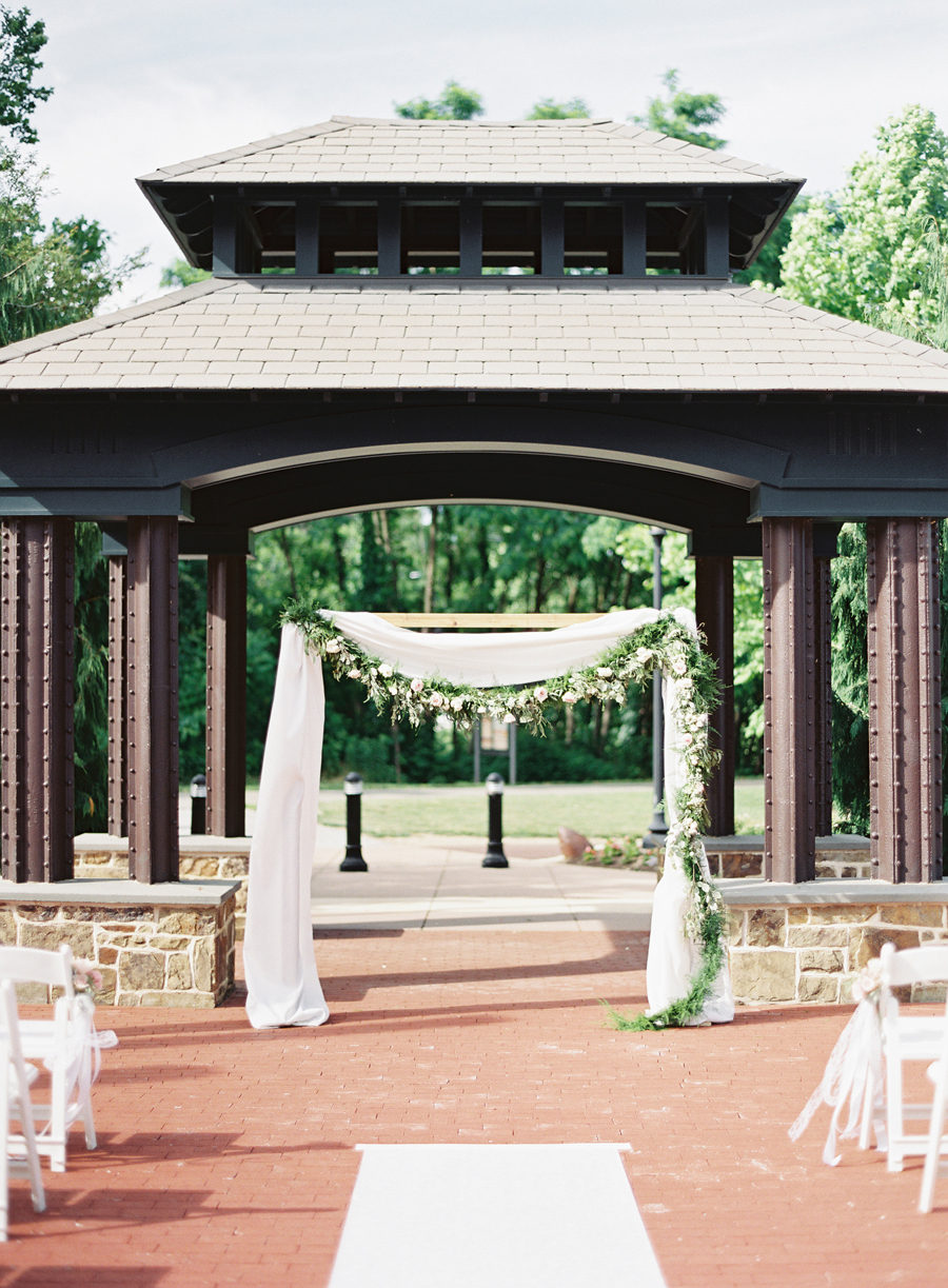 outside ceremony backdrop at Phoenixville Foundry wedding