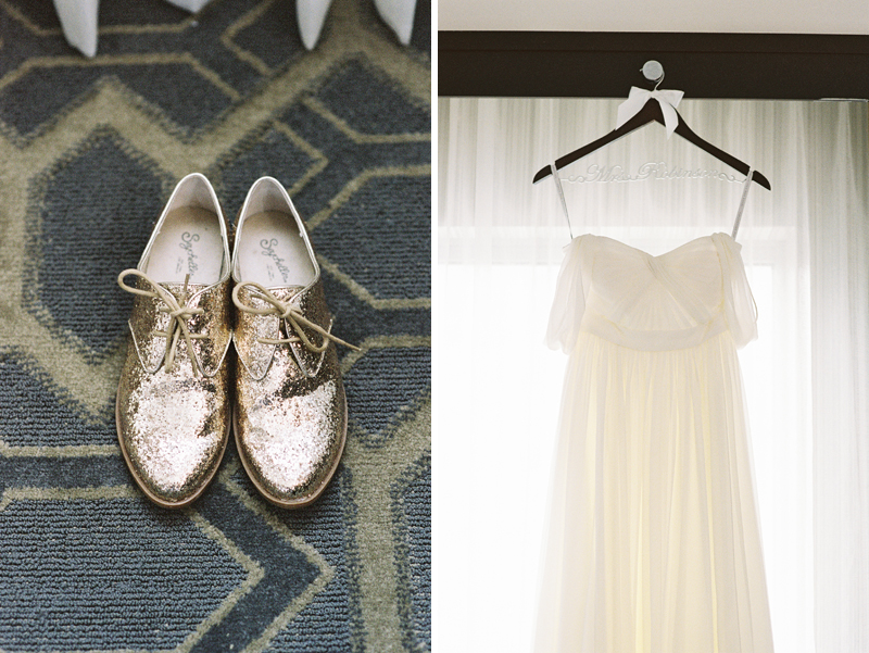 Gold glitter oxford shoes by Seychelles, Jenny Yoo bridal dress