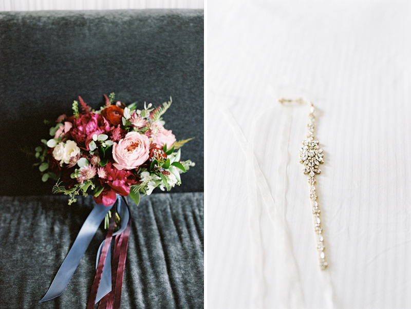 Red, fuchsia bridal bouquet, gold with rhinestones belt