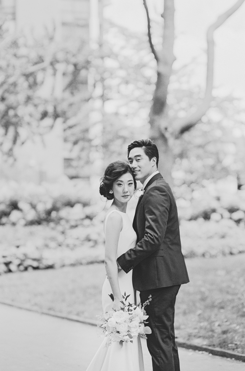 black and white film image of bride and groom 