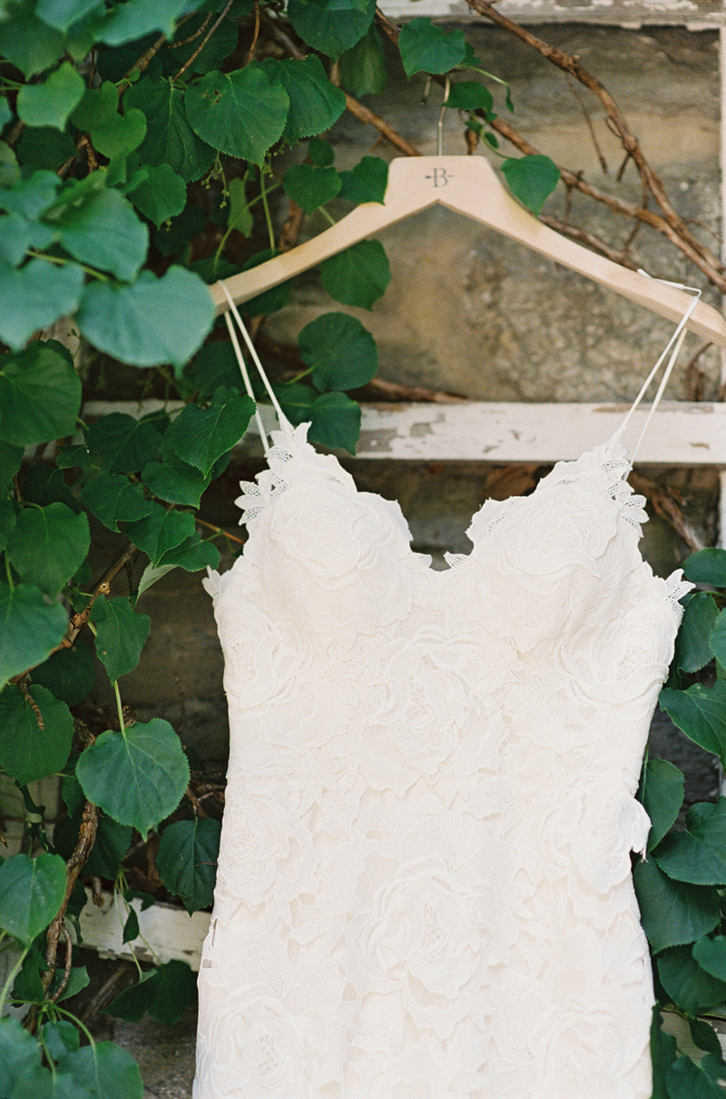 Morris Arboretum wedding, BHLDN dress hanging on trellis, film image
