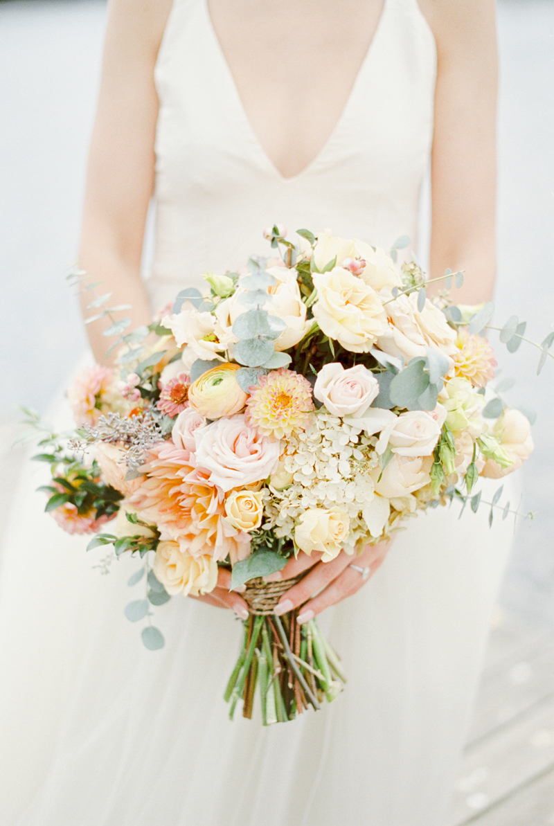 bridal bouquet, film image, BHLDN dress