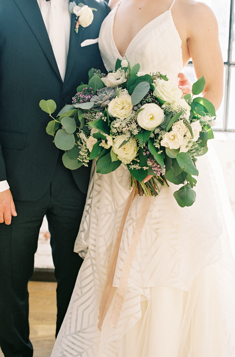 close up of Anna's bouquet from Q|A event design, film image, Hayley Paige dress